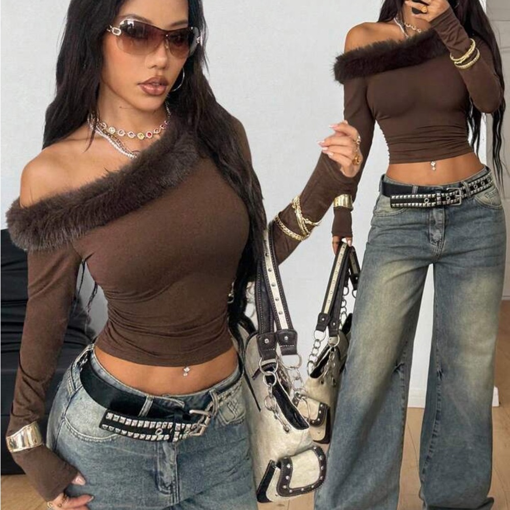 SHEIN Brown Off-Shoulder Faux Fur Trim Crop Top